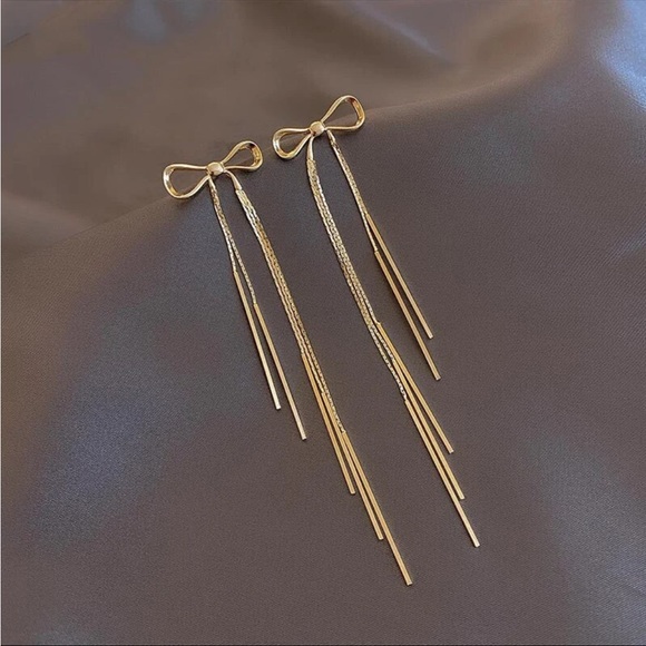 “Sweet Intentions” Gold Bow Dainty Delicate Tassel Sterling Silver Stud Earrings - Picture 6 of 7